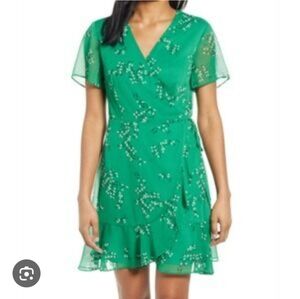Anthropologie All in Favor Kelly Green Floral Wrap Mini Dress XS